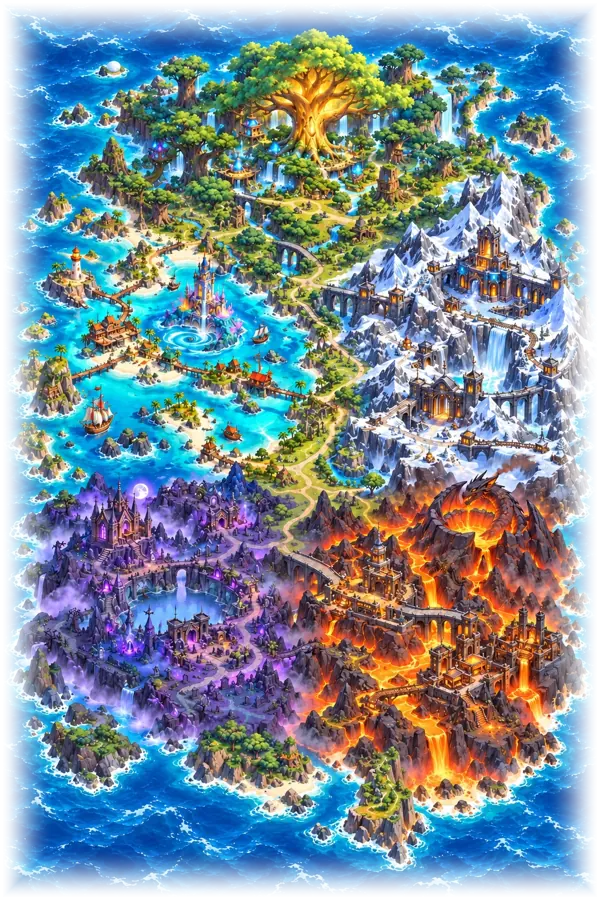 La mappa illustrata di Erendal: la Selva Antica a nord, i Picchi di Ferro a est, le Montagne di Brace a sud, il Crepuscolo a sud-ovest e le Isole delle Maree a ovest
